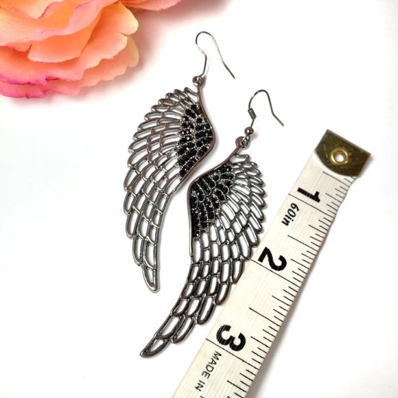 Angel Wing w/Black Beads Hanging Earrings - Picture 2 of 5